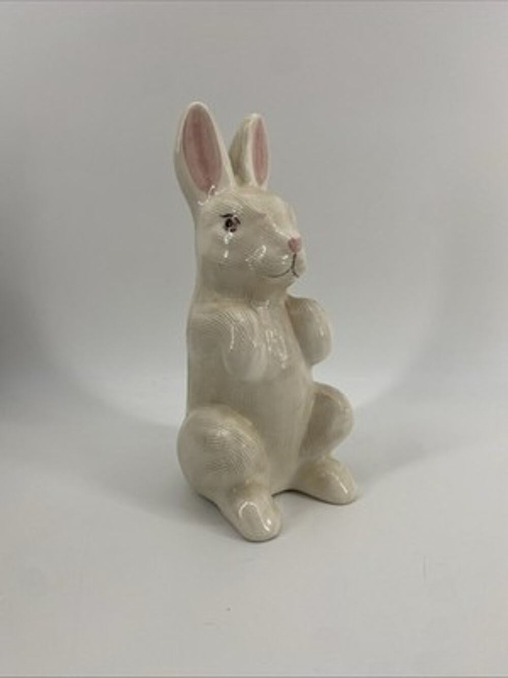 Ceramic Textured White Sitting Bunny Rabbit Figurine Glazed